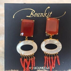 Bounkit. Coral and Gold Statement Earrings